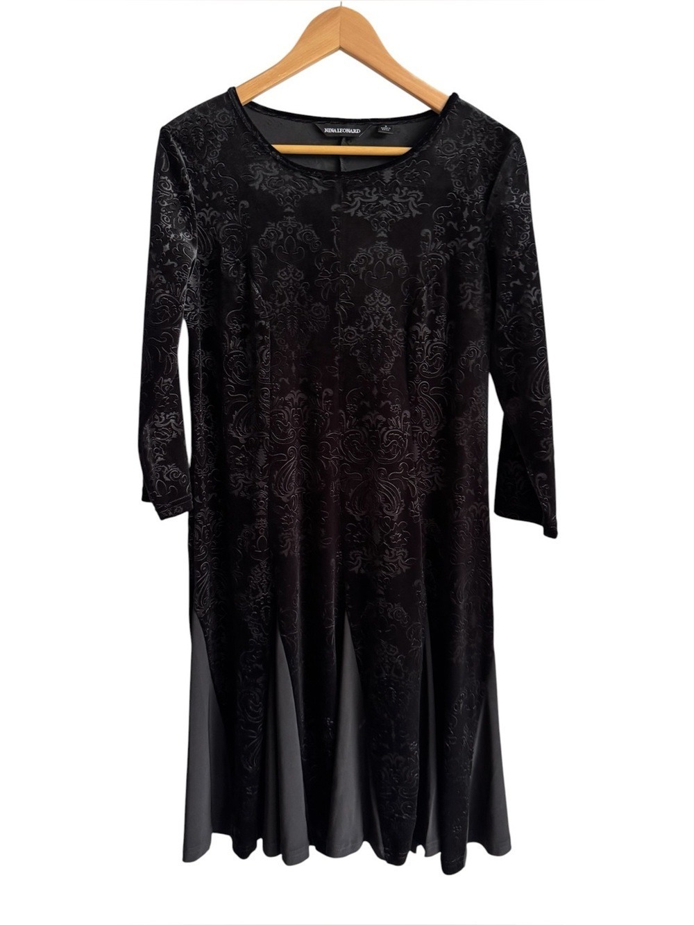 Nina Leonard Velvet Burnout Dress Sz M Black Long Sleeve Witchy Goth Knee Length